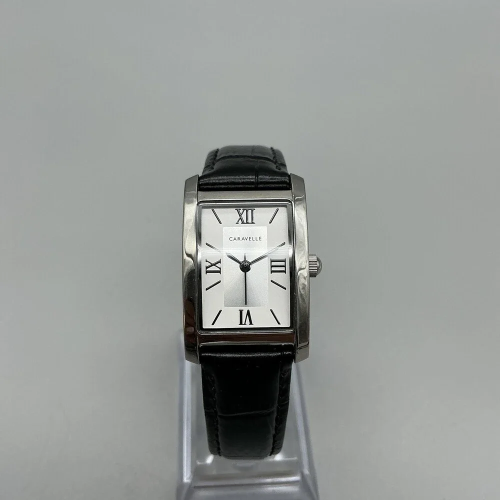 Caravelle Womens Watch 21mm Silver Tone Black Leather Band 43L202 New Battery